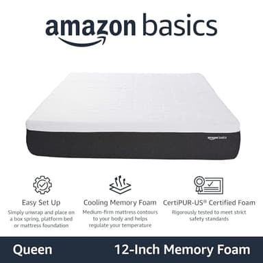 Amazon Basics Gel Memory Foam Mattress, Firm, Cooling, Queen Size Mattress, CertiPUR-US® Certified Foam, 80 x 60 x 12 inches, White/Dark Gray - Image 2