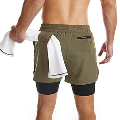 Surenow Mens 2 in 1 Running Shorts Quick Dry Athletic Shorts with Liner, Workout Shorts with Zip Pockets and Towel Loop Green - Image 2
