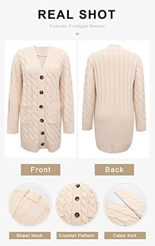 PRETTYGARDEN Long Sleeve Cable Knit Long Cardigan for Women 2025 Fall Winter Chunky Open Front Button Sweaters with Pockets (Off White, Small) - Image 6