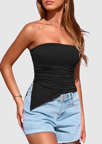PRETTYGARDEN Womens Tube Top 2025 Summer Trendy Strapless Tops Going Out Outfits Ruched Asymmetrical Bandeau Shirts (Black,Small) - Image 4
