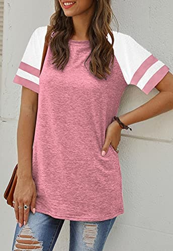 Adibosy Women Summer Casual Shirts: Short Sleeve Striped Tunic Tops - Ladies Loose Crew Neck Tee Tshirt Blouses Pink XL - Image 2
