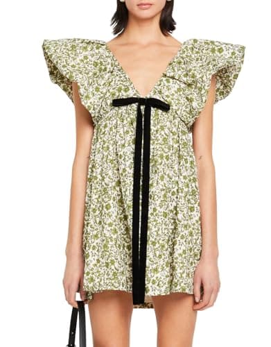 hibshaby Women's Floral Print Mini Dress V Neck Puff Sleeve Dresses Short Babydoll Bow Dress XS - Image 1