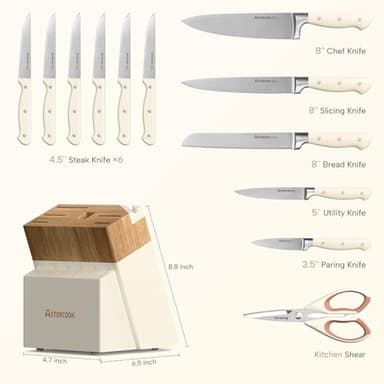 Knife Set,Astercook Kitchen Knife Set with Block 14-Piece Full Tang Stainless Steel Knives with Sharpener Dishwasher Safe and Anti-Slip Ergonomic Handle Elegant Cream White Utensils Set - Image 2