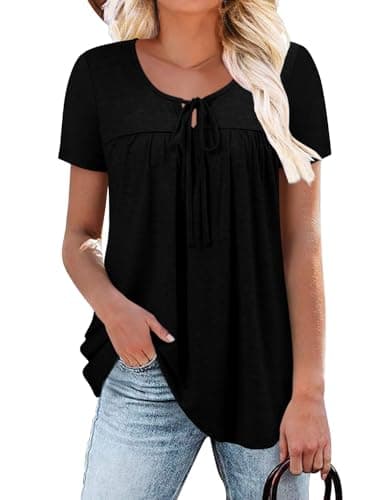 BETTE BOUTIK womens tops crewneck short sleeve blouses for women pleated short sleeve cute tops for women Black 3X-Large - Image 1