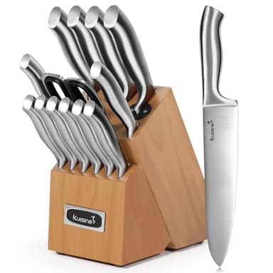 Kuisine Premium Sharp Knife Set,High Carbon Stainless Steel Sharper Blade Ergonomic Non-slip Handle,Kitchen Block Knife Set Chef Knife Block Set with Built-in Sharpener(Acacia, 15PCS) - Image 1