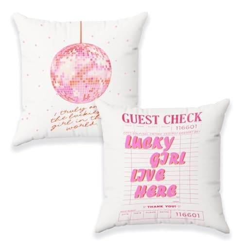 Yomisex Funky Trendy Retro Y2K Disco Ball Lucky Girl Pillow Covers 18x18, Preppy Room Dorm Decor, Trendy Y2K Room Decor, Cute Girly Pillow Covers, Girly Room Decor Aesthetic, Pink Room Decor, Set of 2 - Image 1