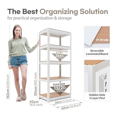 HOMEDANT House 5 Tier 24.1" W Laminated Metal Shelving Unit Adjustable Storage Utility Rack Heavy Duty Shelves Organization Multipurpose Shelf Kitchen Garage Pantry Closet 1 Pack - Image 2