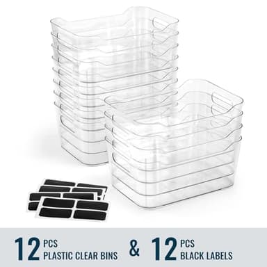 12 PACK Multi-Use Clear Plastic Storage Bins for Organizing w/ Labels - Home, Kitchen, Bathroom, Office, Pantry Cabinet Shelf Organizer Bins - SOHO Collection, RV, Fridge Organization Containers - Image 2