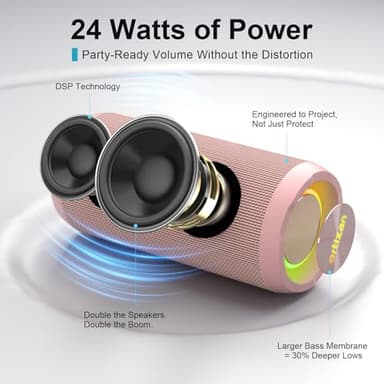 Ortizan Wireless Portable Bluetooth Speaker, IPX7 Waterproof, Dustproof and Rustproof, Powerful 24W Sound, Enhanced Bass, 30 Hour Battery, 360° Party Light, and Stereo Pairing (BT 5.3), Gifts - Pink - Image 2