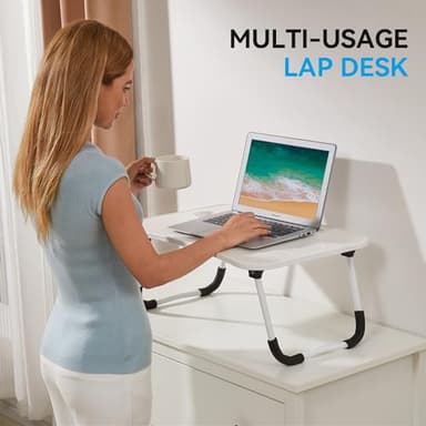 BUYIFY Folding Lap Desk, 23 Inch Portable Wood White Laptop Bed Desk Lap Desk with Cup Holder, for Working Reading Writing, Eating, Watching Movies for Bed Sofa Couch Floor - Image 5