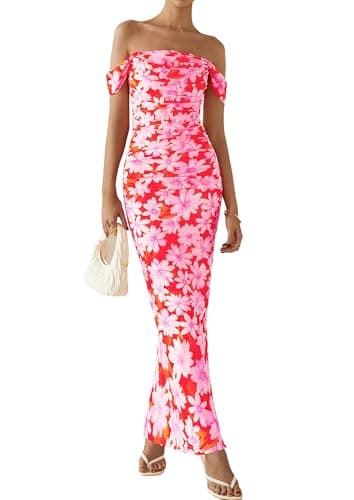 PRETTYGARDEN Maxi Dresses for Women 2025 Summer Elegant Floral Off Shoulder Ruched Mesh Cocktail Wedding Guest Dress (Pink Daisy,Small) - Image 3