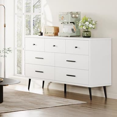 DWVO White 7 Drawer Dresser, 47" W Large Double Dresser Chest of Drawers, Modern Wood Storage Organizer with Black Metal Handles & Anti-Tipping Device for Hallway, Entryway - Image 7