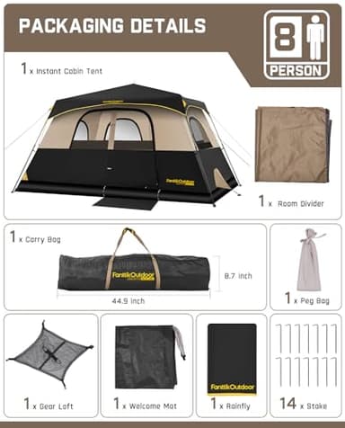 FanttikOutdoor Zeta C8 Pro Camping Tent 8 Person Instant Cabin Tent Setup in 60 Seconds with Rainfly & Windproof Portable with Carry Bag for Family Camping & Hiking, Khaki - Image 8