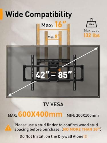 Perlegear UL Listed Full Motion TV Wall Mount for 42-85 inch TVs up to 132 lbs, TV Mount with Dual Articulating Arms, Tool-Free Tilt, Swivel, Extension, Leveling, Max VESA 600x400mm, 16" Studs, PGLF8 - Image 2
