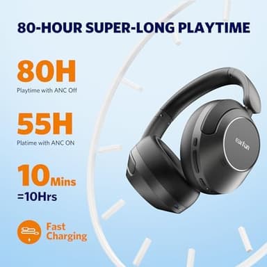 EarFun Wave Pro Active Noise Canceling Headphones, Wireless Over Ear Bluetooth Headphones, LDAC Hi-Res Sound, 5 Mics AI Clear Call, 80H Playtime, Multipoint Connection, Comfort Fit, Custom EQ via App - Image 6