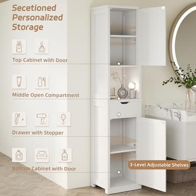 Shintenchi Tall Bathroom Storage Cabinet, Slim Corner Floor Cabinet with Doors and Drawer, Freestanding Narrow Bathroom Organizer with Adjustable Shelves for Small Space, White - Image 5