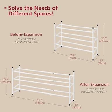 Tajsoon Expandable Shoe Rack for Closet 3 Tier, 28“-41“Adjustable & Stackable Shoe Shelf Storage, Metal Shoe Rack Organizer for Front Door Entrance, Closet, Garage, Entryway, White - Image 3