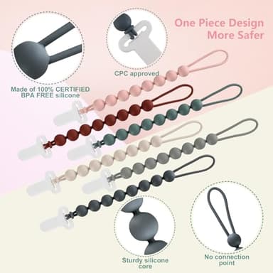 6-Pack Silicone Pacifier Clips for Babies, Safe Teething Beads, Rust-Free Holders, Baby Boy and Girl Essentials, Newborn Must-Have Accessories, BPA-Free - Image 3