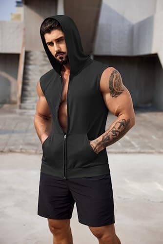 COOFANDY Men's Workout Tanks Pack Sleeveless Athletic Hoodies for Men Zip Up Hooded Muscle Shirts Black and Army Green XXL - Image 3