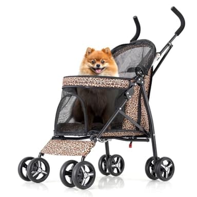 MoNiBloom 4 Wheels Pet Stroller, Easy-Fold Umbrella Shaped Dog Cat Jogger Stroller w/Storage Bag & Visible Mesh for Small/Medium Dogs Cats Leopard Print - Image 1