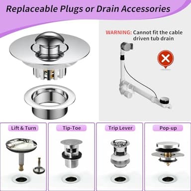 Bathtub Drain Stopper, 3-in-1 Pop-Up Bath Tub Stopper Plug with Hair Catcher, Innovative Separate Design for Easy Clean & Install, Universal for 1.42"-1.97" Hole, Heavy Duty All Brass - Image 4