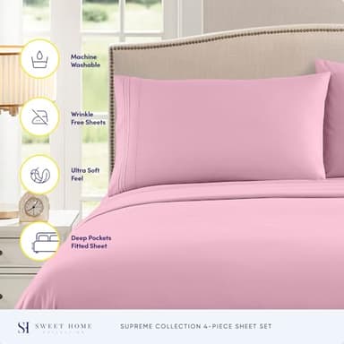 Queen Size Bed Sheets - Breathable Luxury Sheets with Full Elastic & Secure Corner Straps Built In - 1800 Supreme Collection Extra Soft Deep Pocket Bedding Set, Sheet Set, Queen, Pink - Image 2