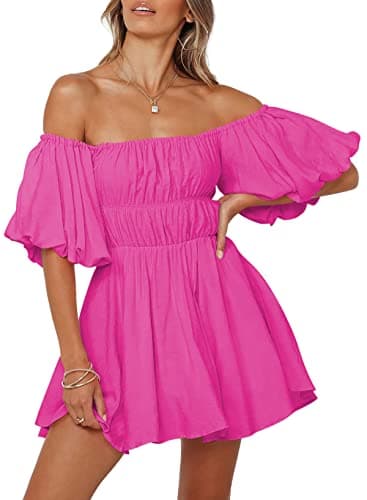 Dokotoo Women One Shoulder Dresses Fashion 2023 Lantern Sleeve Hot Pink Pirate Dress Ruffle Elastic Waist A-Line Spring Dresses for Wedding Guest X-Large - Image 1