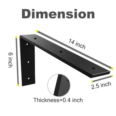 WINKER Countertop Support Bracket 3 Pack Heavy Duty 3/8" Thick Hidden L Shelf Bracket 14" x 6" x 2.5" Metal Corbels for Quartz/Granite/Wood/Concrete/Laminate Countertops, Black - Image 2