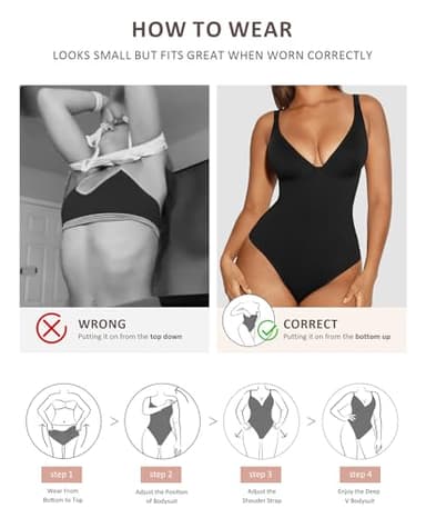 FeelinGirl Body Suits for Women Tummy Control Shapewear Bodysuits for Going Out Deep V Neck Thong Body Shaper, Black, S - Image 6