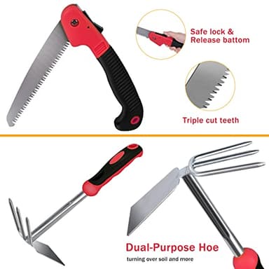 Red Gardening Tools, WisaKey 9 Piece Stainless Steel Heavy Duty Garden Tools with Non-Slip Ergonomic Handle, Garden Tote Bag, Garden kit, Gardening Gifts for Women and Men - Image 5