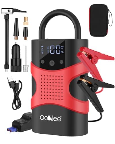 Ooklee Portable Car Jump Starter with Air Compressor 150PSI Tire Inflator Portable Air Compressor,12V 3000A Car Battery Jump Starter Battery Pack with LED Display and Lights, Output and Input Power