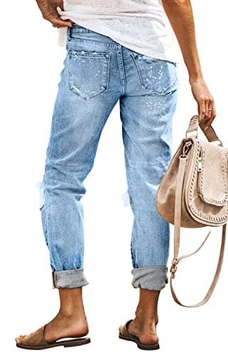 KUNMI Women's Ripped Mid Waisted Boyfriend Jeans Loose Fit Distressed Stretchy Denim Pants - Image 6