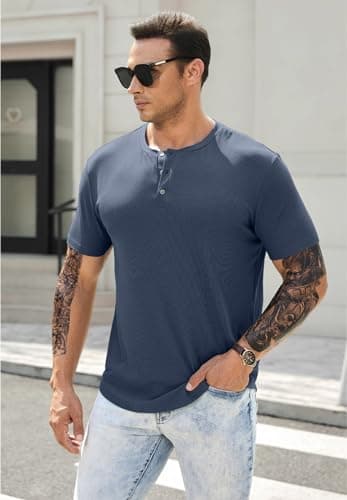 JMIERR Mens Muscle Slim Fit Button Henley Shirts Summer Crewneck Short Sleeve Longline Fitted T-Shirt Gym Workout Athletic Tees Shirt for Men, L, Blue1 - Image 6