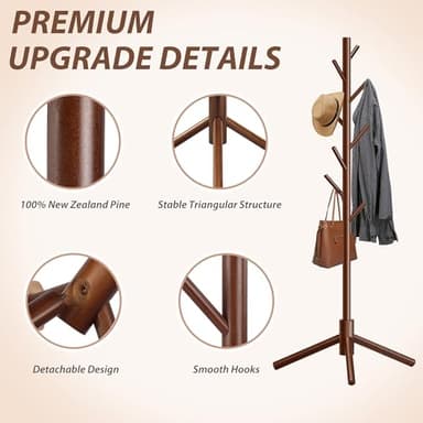 Unisakey Durable Wooden Coat Rack, Freestanding Coat Rack with Stable Triangular Base, 8 Hooks & 3 Adjustable Heights, Simple Assembly for Bedroom, Hallway, Office(New Brown) - Image 5
