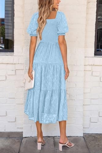 PRETTYGARDEN Women's 2025 Summer Casual Midi Dresses Square Neck Short Sleeve Smocked A Line Floral Flowy Elegant Boho Dress (Light Blue,Medium) - Image 2