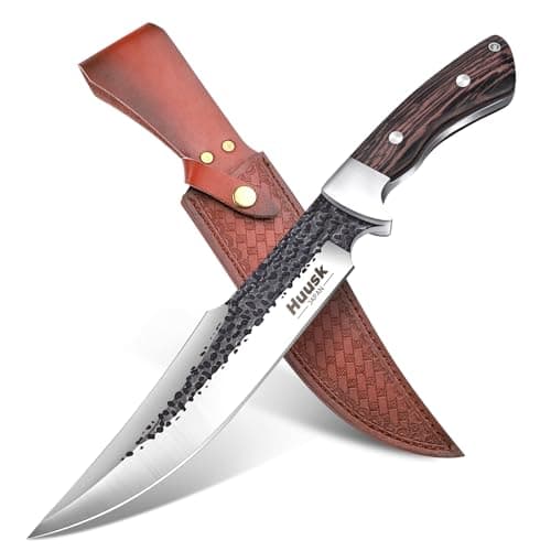 Huusk Fixed Blade Bowie Knife - 8" Hunting Knife with Sheath, Full Tang Survival Knives with Ergonomic Wood Handle, Outdoor Bushcraft Knives for Camping Hiking Fishing BBQ, Father's Day Gifts Box - Image 1