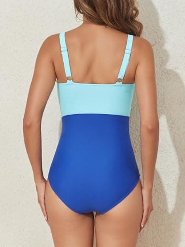 Smismivo Tummy Control Swimsuits for Women Slimming One Piece Bathing Suit Padded Ruched Push Up Long Torso Curvy Shapewear V Neck Criss Cross Swimming Full Coverage for Swimwear (Blue Block) - Image 2
