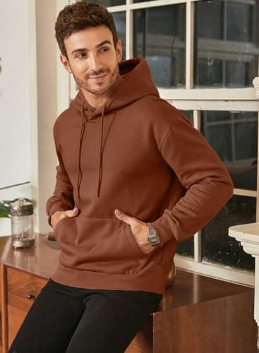 JMIERR Fall Sweatshirts for Mens Comfy Simple Plain Drawstring Hoodies Collar Fleece Long Sleeve with Pockets Hooded Pullovers Casual Loose Fit Shirts Cotton Sweater, US43(L), Chestnut - Image 4