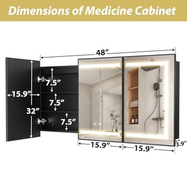 APRILSOUL 48X32 Inch Black Bathroom Medicine Cabinet with Mirror, Recessed or Surface Lighted Medicine Cabinet with 3 Colors Temperature, Dimmable Light - Image 4