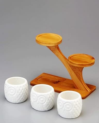 FLOWERPLUS Planter Pots Indoor, 3 Pack 3 Inch White Ceramic Decorative Small Owl Succulent Cactus Flower Plant Pot with Tree Tier Bamboo Stand for Garden Kitchen Home Office Desk Decorations - Image 5