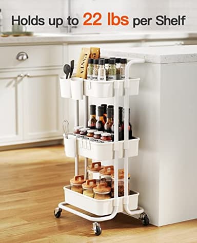 Pipishell 3-Tier Rolling Cart with Wheels - Rolling Storage Cart with Hanging Cups & Hooks - Mobile Utility Cart for Office, Kitchen, Craft Room - Art & Craft Organizer, White, PIUC06W - Image 3