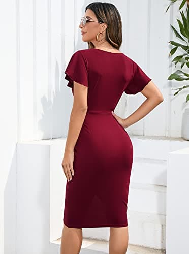 Machico Semi Formal Dresses for Women V Neck Wrap Bodycon Ruched Slit Cocktail Dresses with Sleeve Wine-red - Image 3