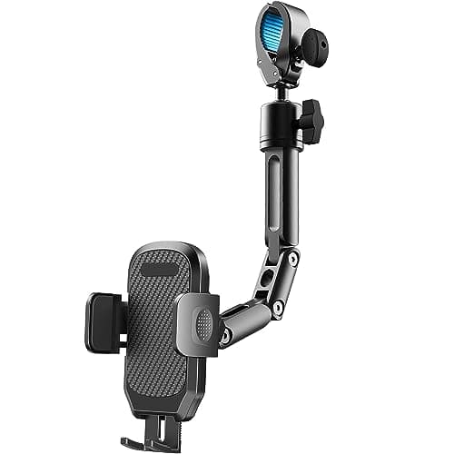 Quyee Phone Holder Car, Rear View Mirror Phone Holder - Aluminum Alloy Mount Multi-Angle Adjustment Rotatable and Retractable Compatible with All 4-7 Inch iPhone and Android Cell Phones - Image 1