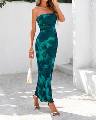 BTFBM Women's Floral Maxi Dresses Summer 2025 Strapless Tube Bodycon Mesh Layered Cocktail Party Wedding Guest Dress(Floral Lake Blue, Medium) - Image 8