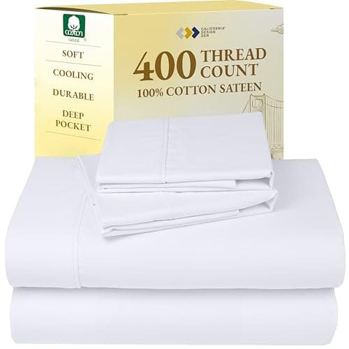 California Design Den Natural 100% Cotton Sheets Queen Size Bed Set - Soft 400 Thread Count Sateen, Queen Sheets, Deep Pockets with All Around Elastic for a Snug Fit, Cool & Durable Bedding - White - Image 1