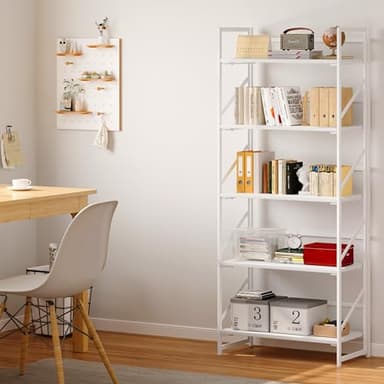 JSB No Assembly Folding Bookshelf, 5 Tier Industrial Metal Book Shelf for Storage, Vintage Wood Foldable Bookcase for Living Room, Bedroom, Office Organization Shelves - Image 2