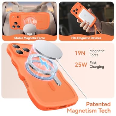 3 in 1 Magnetic for iPhone 17 Pro Max Case, Cute Wavy [Full Camera Protection][Fit for MagSafe] 1X Screen Protector+1X Wrist Strap, Anti-Slip Trendy Women Girly Case for iPhone 17 Pro Max 6.9", Orange - Image 3