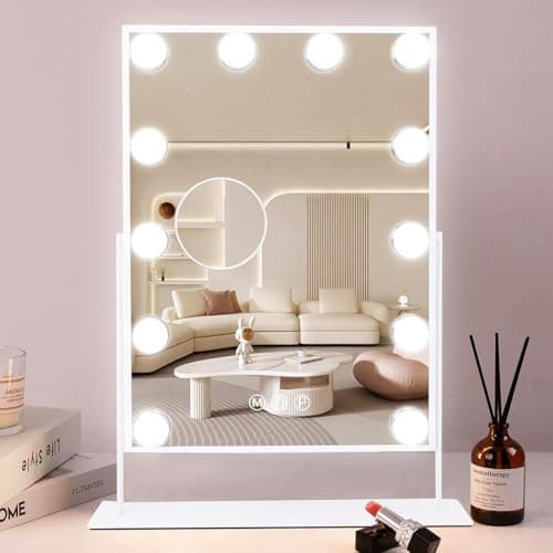 COOLJEEN Makeup Mirror Vanity Mirror with Lights - 12 Led Bulbs Lighted Hollywood Mirror, 10X Magnification,3 Color Modes, Touch Control, Women Gift (White) - Image 1