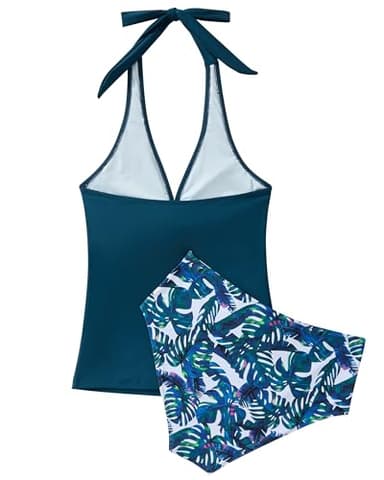 SUUKSESS Women Sexy Halter Tankini Bathing Suits Slimming Tummy Control High Waisted Swimsuits 2 Piece (Blue Floral, XL) - Image 3