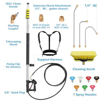 ExtraFein 24FT Telescoping Pressure Washer Extension Wand, Aluminum Power Washer Extension Wand, Solar Panel Cleaner Pole with Brush Head, 7 Nozzle Tips, 3 Adapters, Support Belt - Image 4